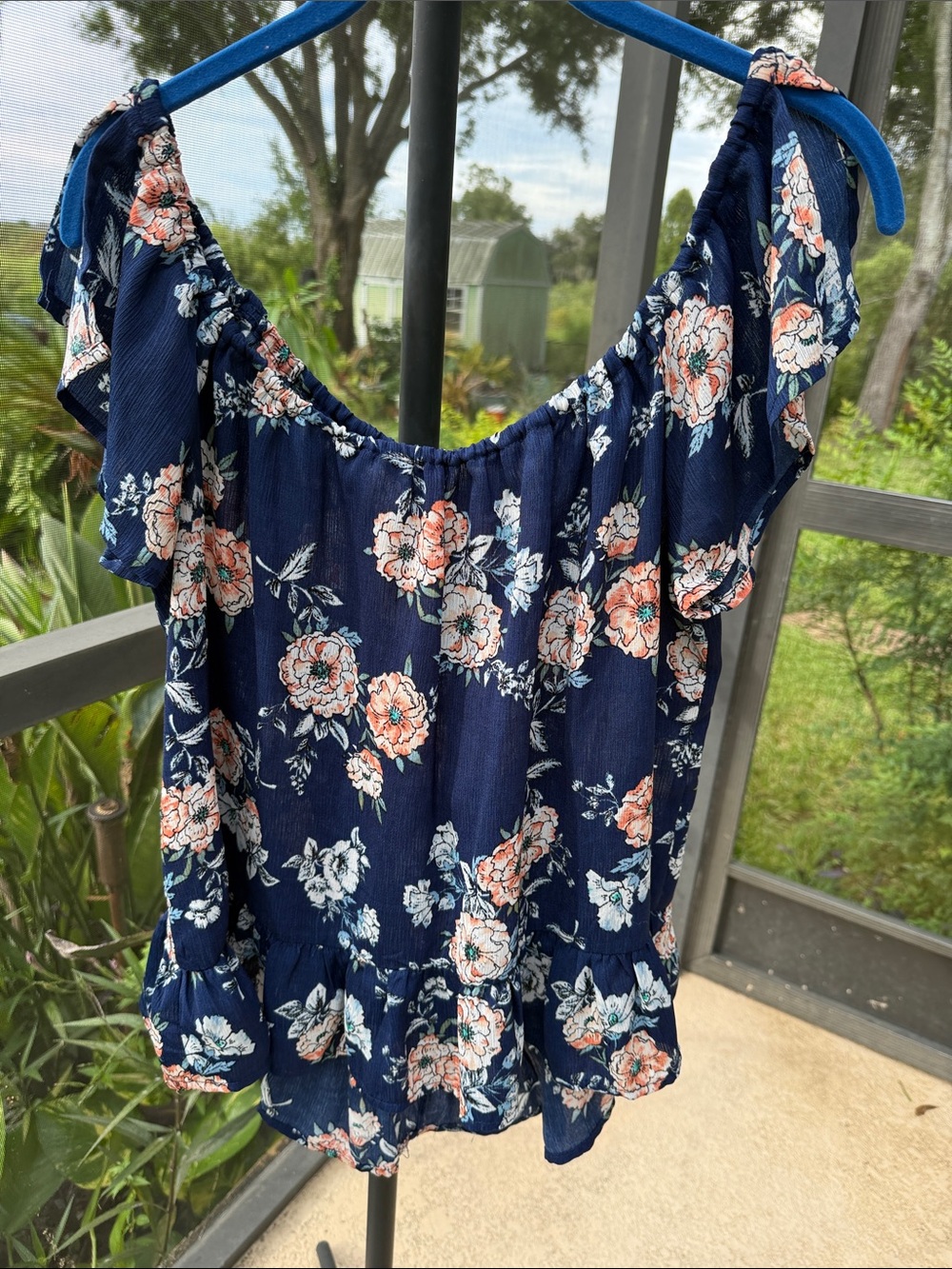 Lily White Navy Floral Off-Shoulder Camisole with Peach and White Blooms